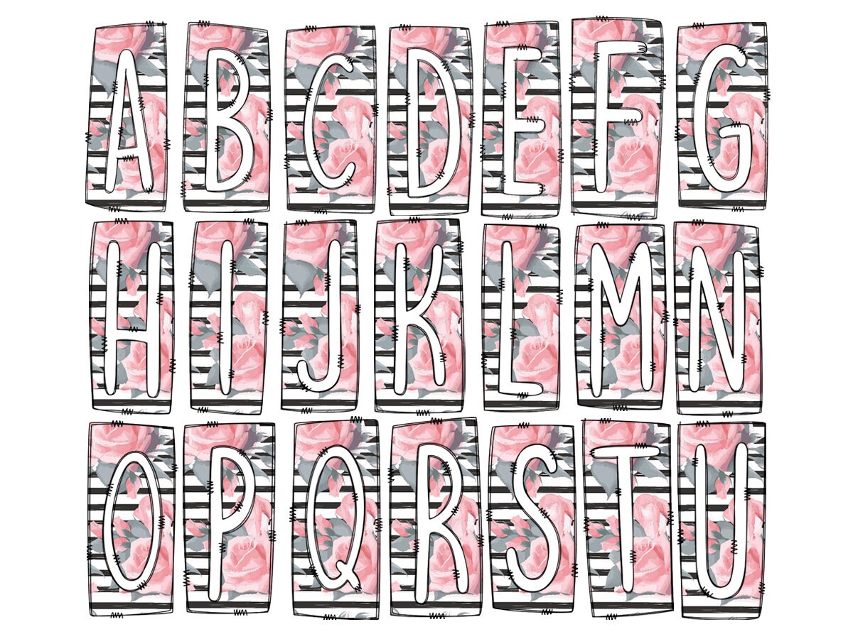 Striped Pink Flower Box Doodle Letters, Western Hand Drawn Doodle Alphabet Set, Sublimation Designs PNG - 157 PATTERN