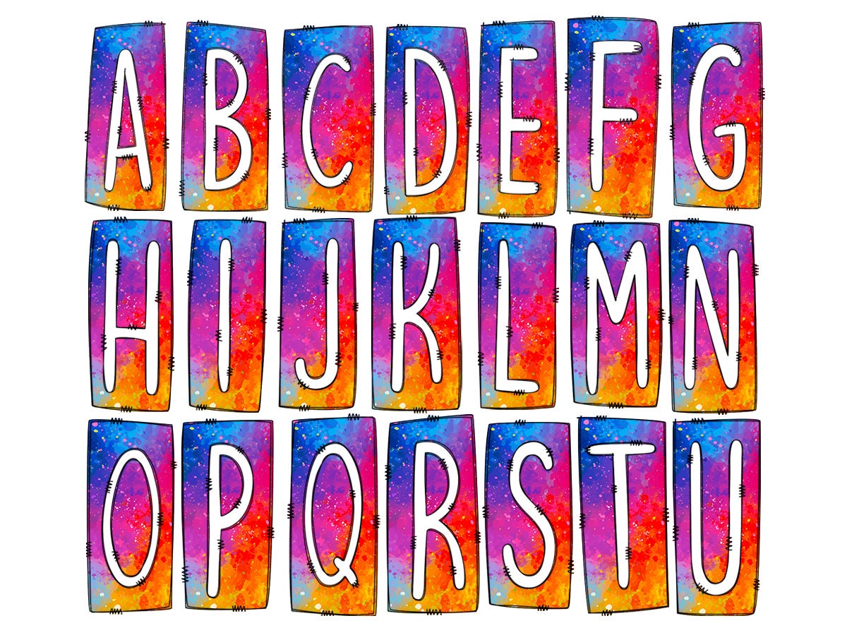 Rainbow Ombre Bright Box Doodle Letters, Western Hand Drawn Doodle Alphabet Set, Sublimation Designs PNG - 17 PATTERN