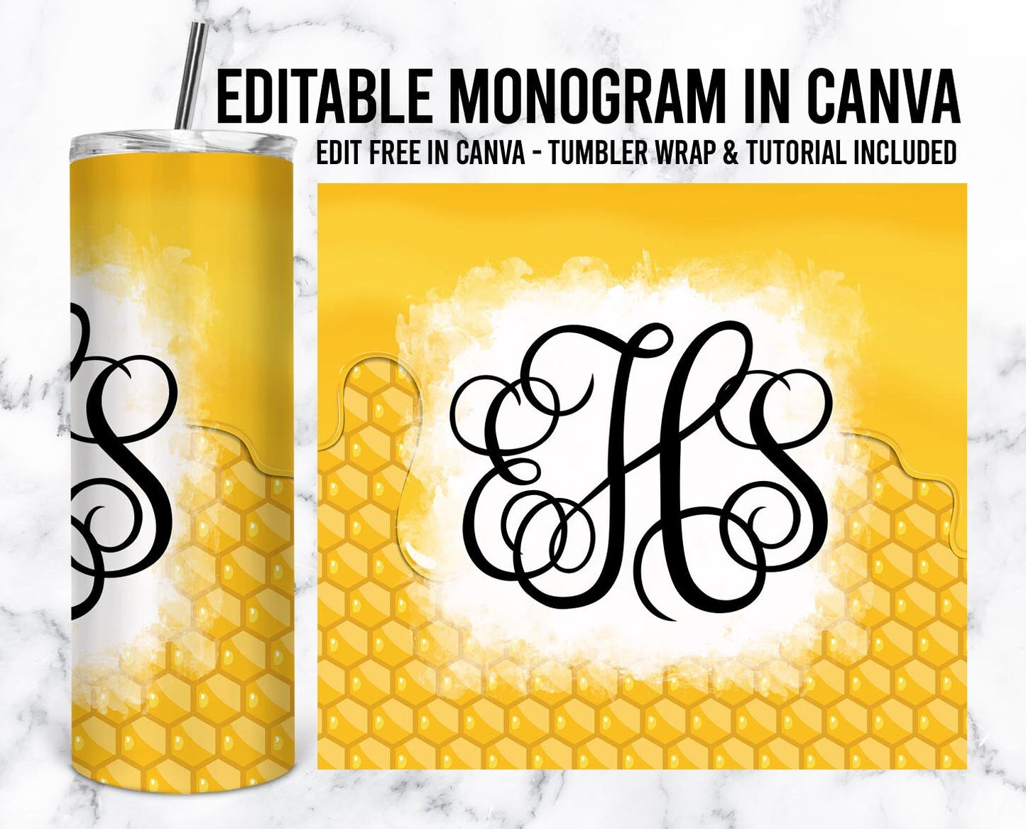 EDITABLE Bee Honeycomb Monogram 20oz Straight Tumbler Wrap Designs, Make Your Own Custom Peronalized Design, Easy Canva Tempalte