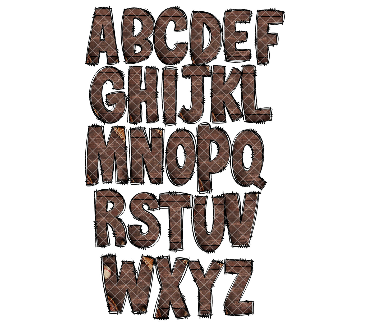 Wood Doodle letters, Hand Drawn Doodle Alpha Bundle Patterned Numbers & Alphabet Doodle Set Sublimation Font PNG