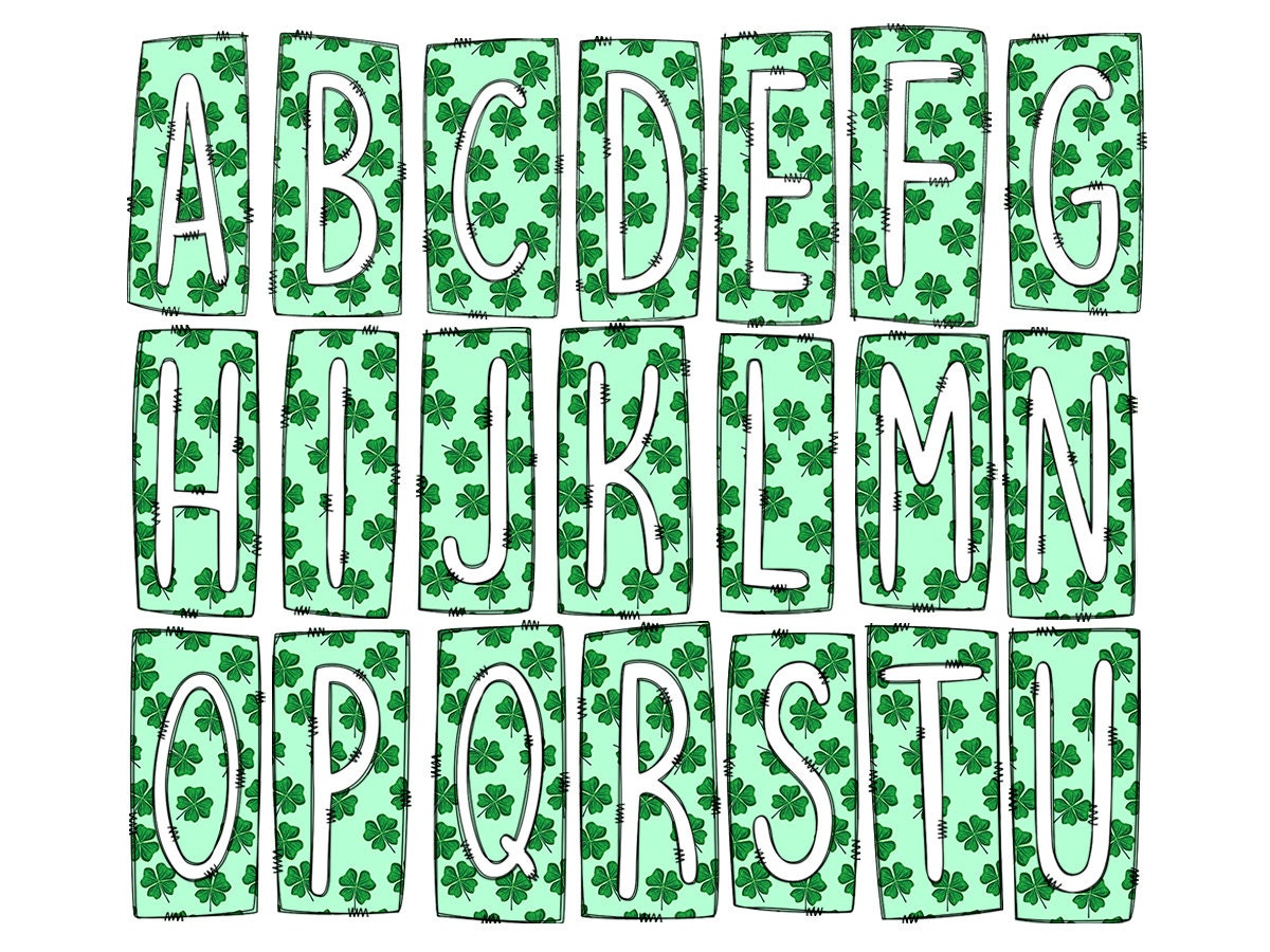 4 Leaf Clover St Patricks Day Box Doodle Letters, Western Hand Drawn Doodle Alphabet Set, Sublimation Designs PNG - 474 PATTERN