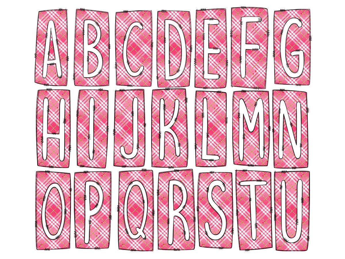 Pink Plaid Box Doodle Letters, Western Hand Drawn Doodle Alphabet Set, Sublimation Designs PNG - 1824