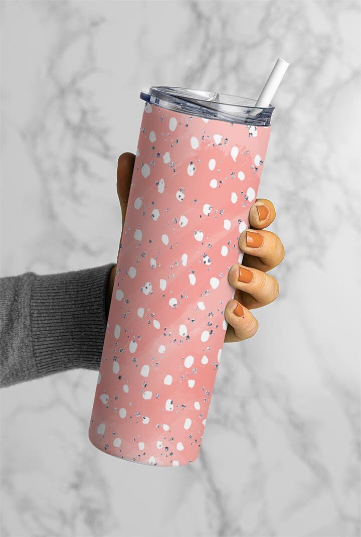 White Dots On Peach Background, Blush Pink Watercolor 20oz Tumbler Wrap, Seamless Skinny Tumbler, Sublimation Design PNG - 15