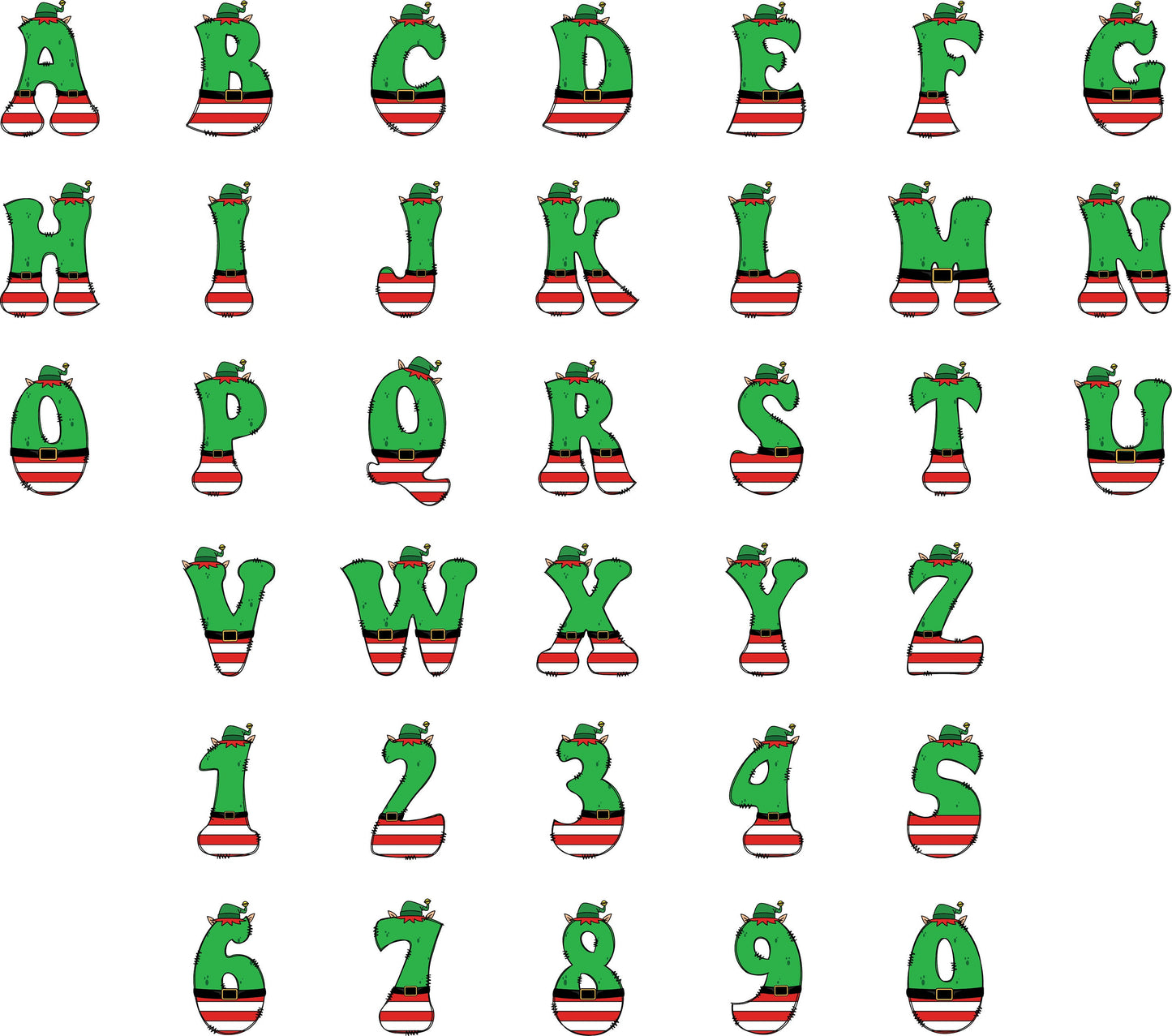 Christmas Doodle Letters and Numbers, Uppercase Alphabet Set, Retro Christmas Sublimation Letters, Santa, Elf, Reindeer Xmas Holidays PNG