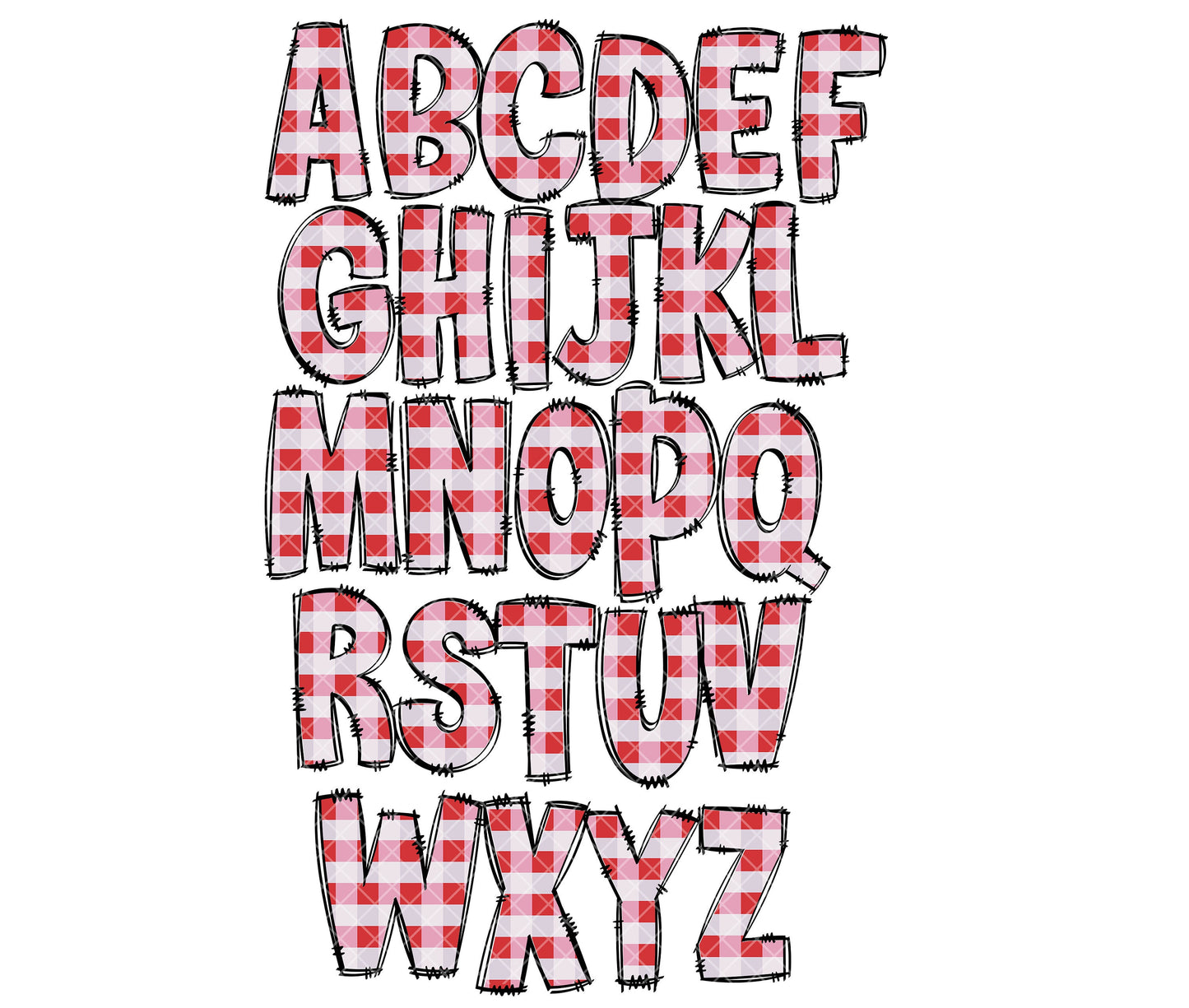 Gingham Doodle letters, Red Plaid Hand Drawn Doodle Alpha Bundle, Sublimation Font PNG, Patterned Numbers & Alphabet,