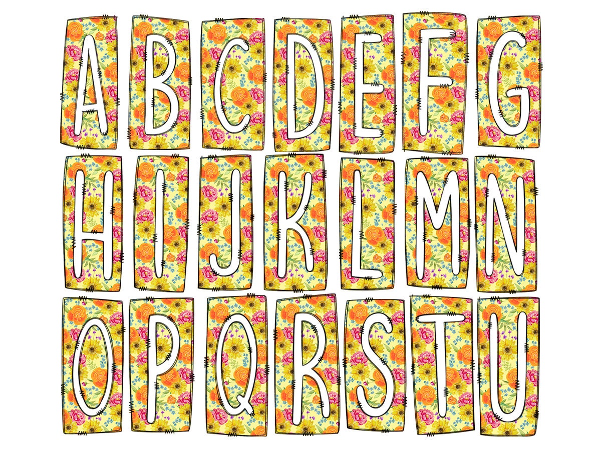 Spring Floral Box Doodle Letters, Western Hand Drawn Doodle Alphabet Set, Sublimation Designs PNG - 1063