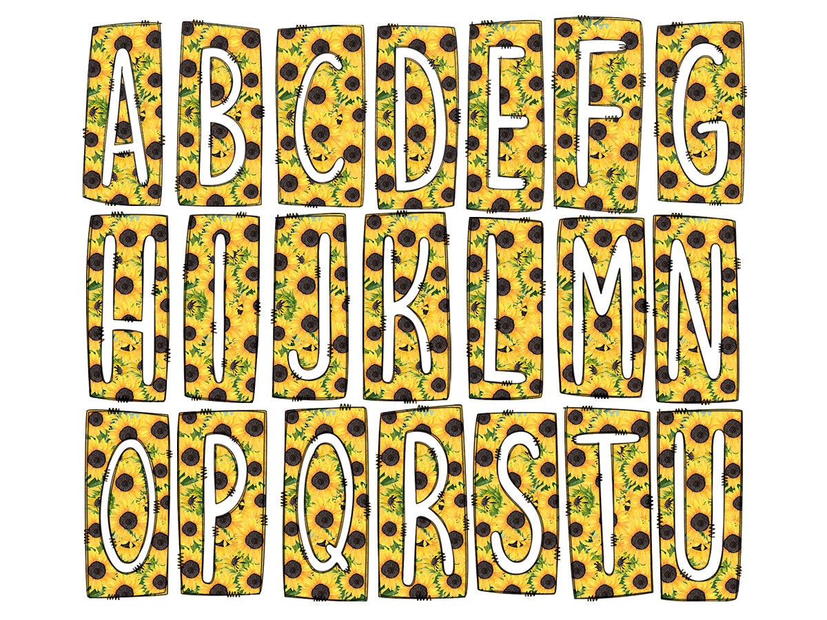 Sunflower Box Doodle Letters, Western Hand Drawn Doodle Alphabet Set, Floral YellowSublimation Designs PNG - 15 PATTERN