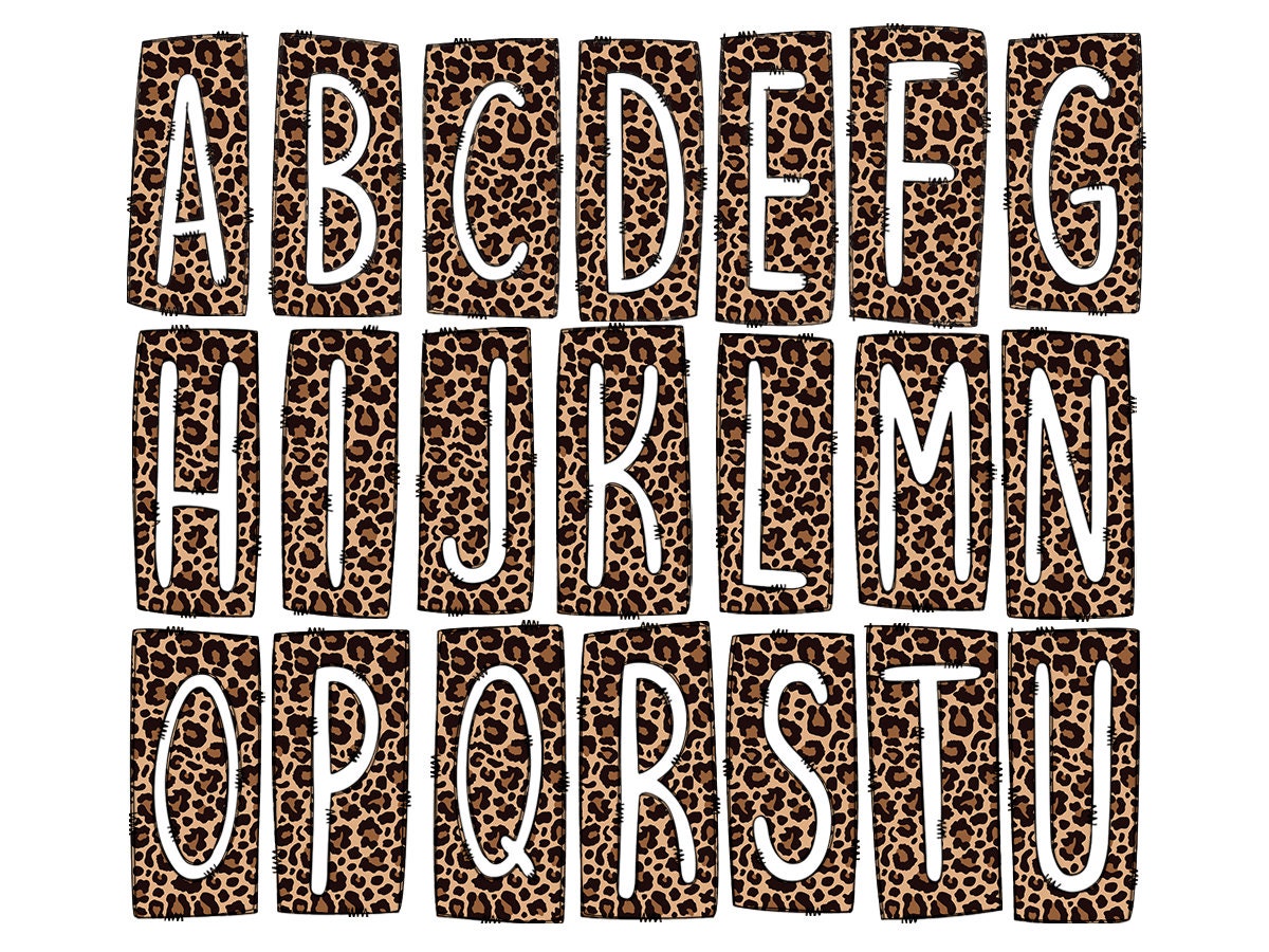 Cheetah Obsessed Leopard Print Box Doodle Letters, Western Hand Drawn Doodle Alphabet Set, Sublimation Designs PNG - 19 PATTERN