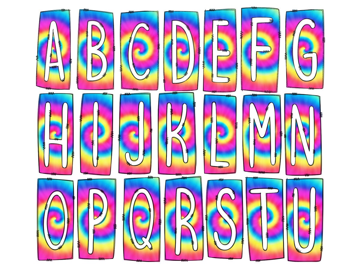 Neon Tie Dye Box Doodle Letters, Western Hand Drawn Doodle Alphabet Set, Sublimation Designs PNG - 143 PATTERN