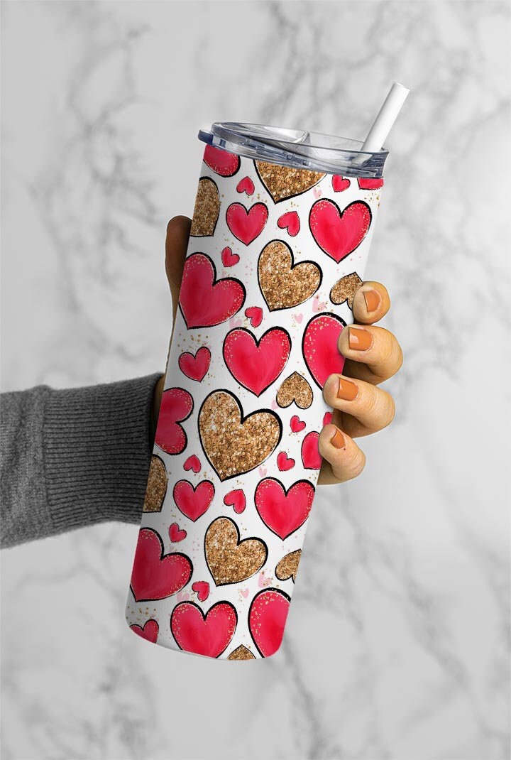 Hearts Pattern, Valentines Day Pattern, Red Hearts 20oz Tumbler Wrap, Seamless Skinny Tumbler, Sublimation Design PNG - 1827