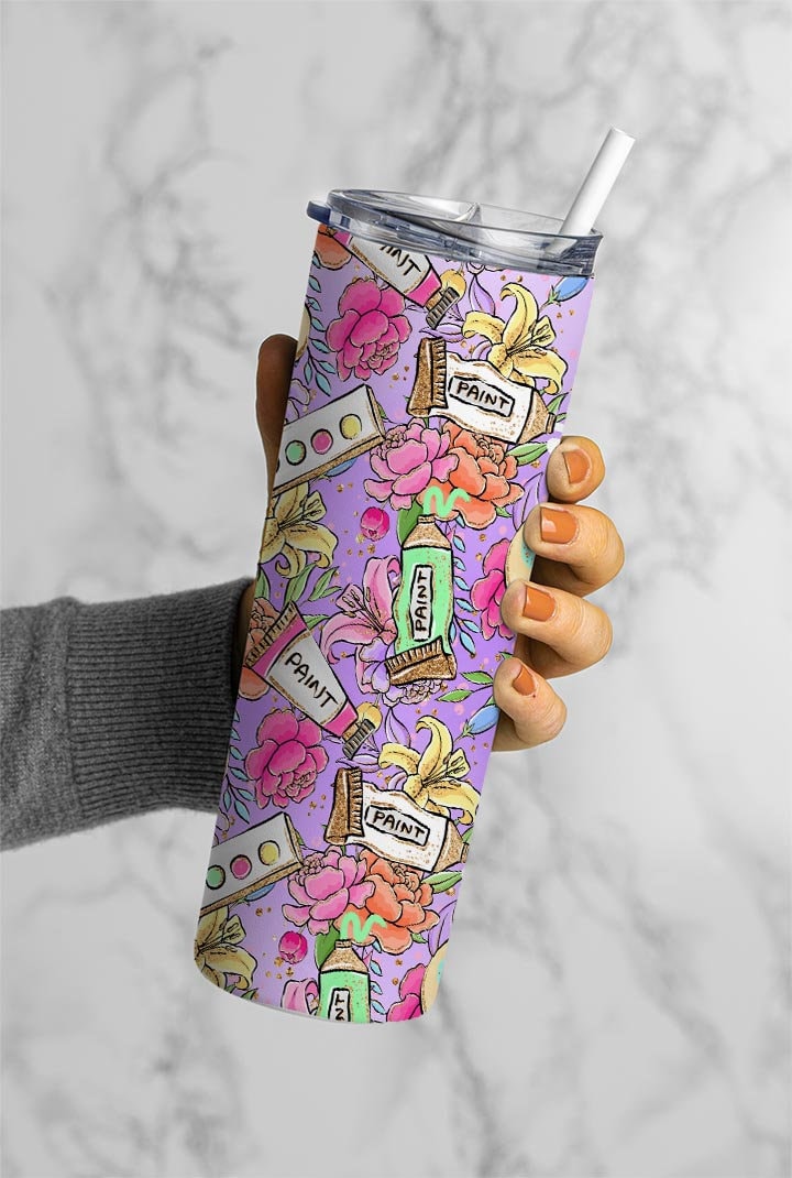 Watercolor Flowers, Botanical Flowers 20oz Tumbler Wrap, Seamless Skinny Tumbler, Sublimation Design PNG - 1301