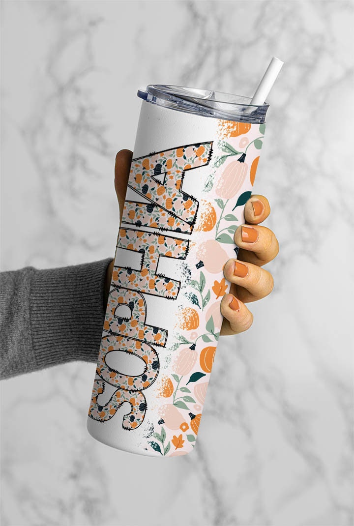 Pumpkin Doodle Letters with Matching Tumbler Template, Doodle Alphabet Font PNG, 20 oz Tumbler, Sublimation, Waterslide Designs