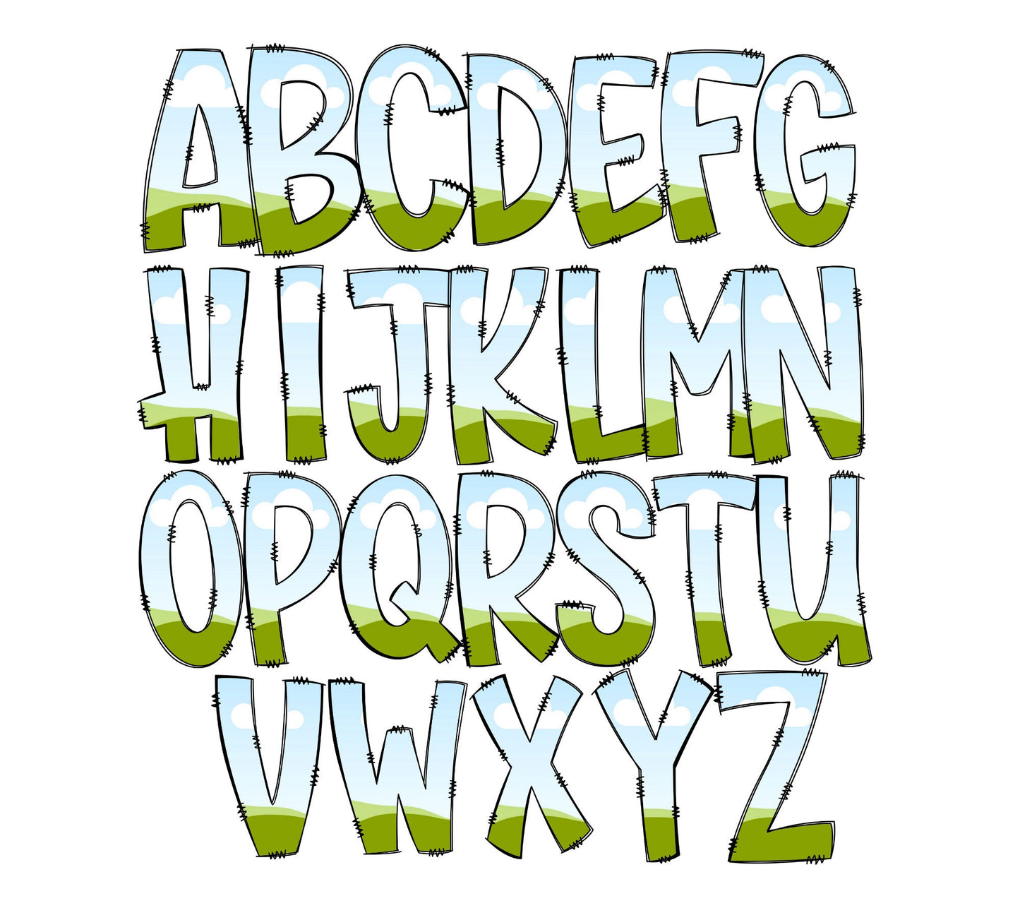 Fill your own Doodle Letters on CANVA with Commercial Use Allowed. Drag and Drop Alphaset Alphabet Letters PNG Editable Canva Frame Designs