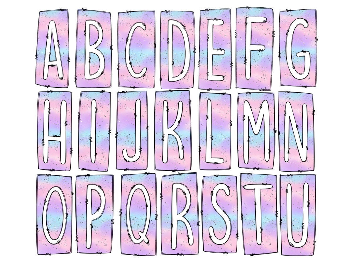 Ombre Paster Pink Blue Purple Box Doodle Letters, Western Hand Drawn Doodle Alphabet Set, Sublimation Designs PNG - 34