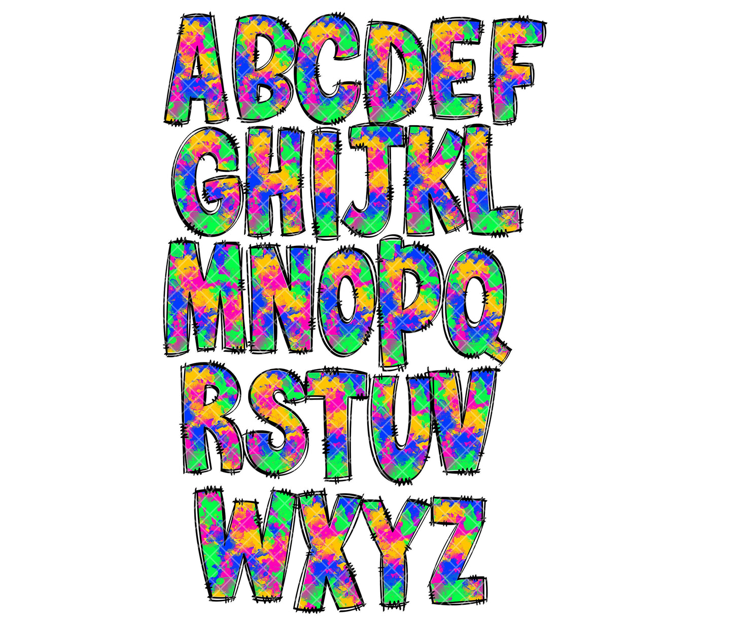 Bright Neon Rainbow Doodle letters, Hand Drawn Doodle Alpha Bundle, Sublimation Font PNG, Patterned Numbers & Alphabet, 64 PATTERN