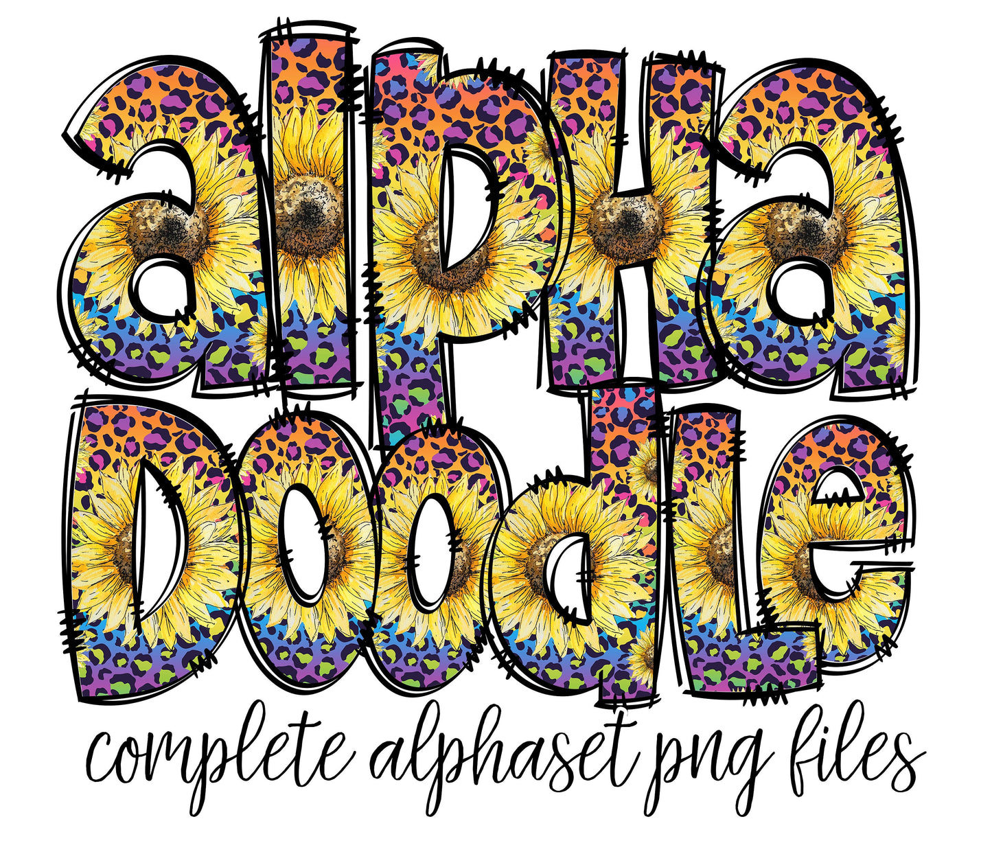 Leopard Print Sunflower Doodle Alphabet Letters PNG Bundle, Floral Design Hand Drawn Doodle,Sublimation Alpha Set Designs PNG Digital