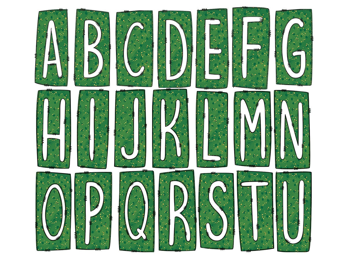 Green Glitter Box Doodle Letters, Western Hand Drawn Doodle Alphabet Set, Sublimation Designs PNG - 186