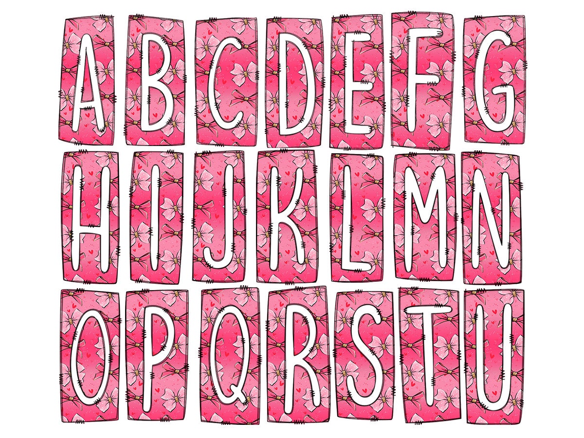 Pink Bows Valentines Box Doodle Letters, Western Hand Drawn Doodle Alphabet Set, Sublimation Designs PNG - 1838