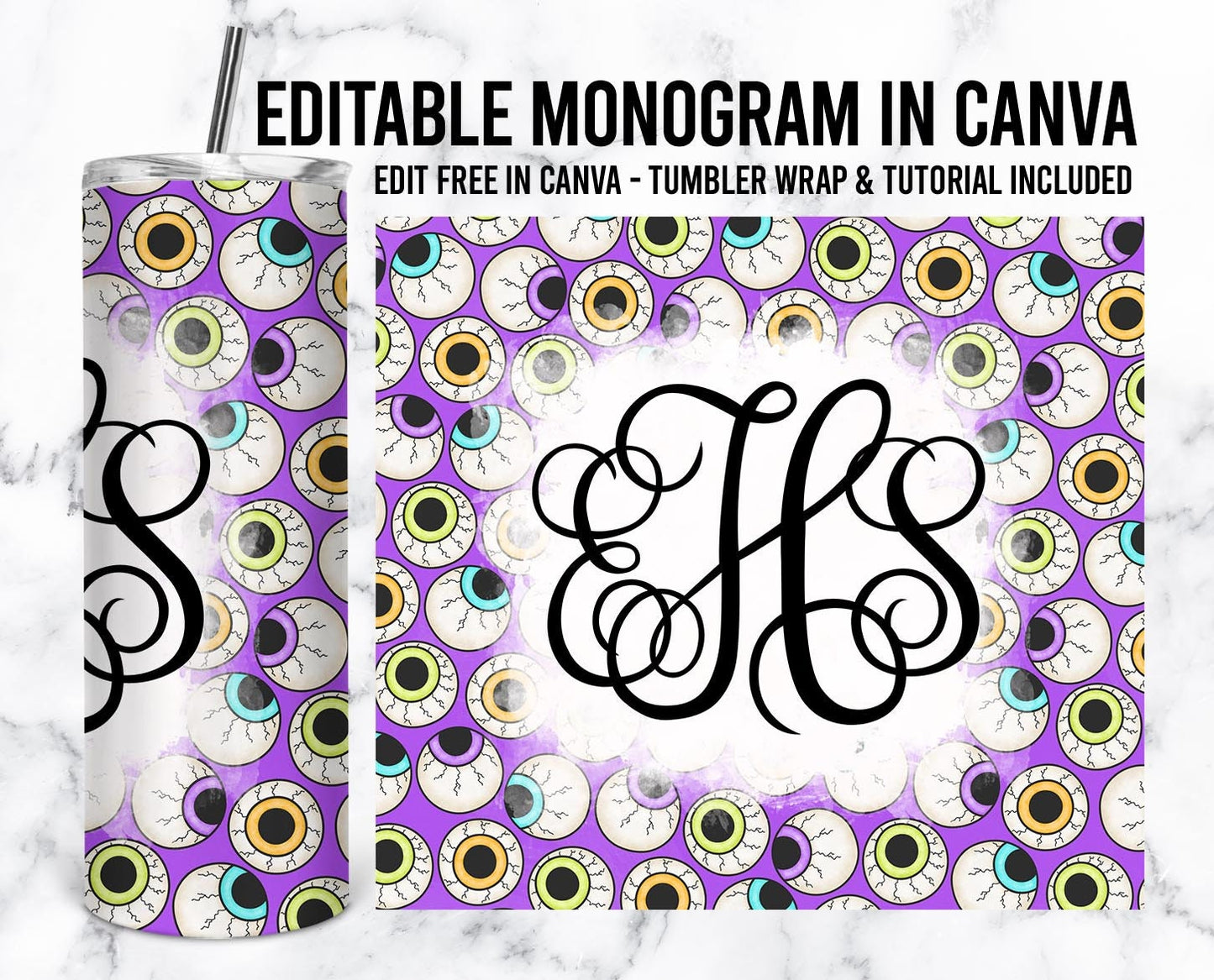 EDITABLE Halloween Monogram 20oz Straight Tumbler Wrap Designs, Make Your Own Custom Peronalized Design, Easy Canva Tempalte