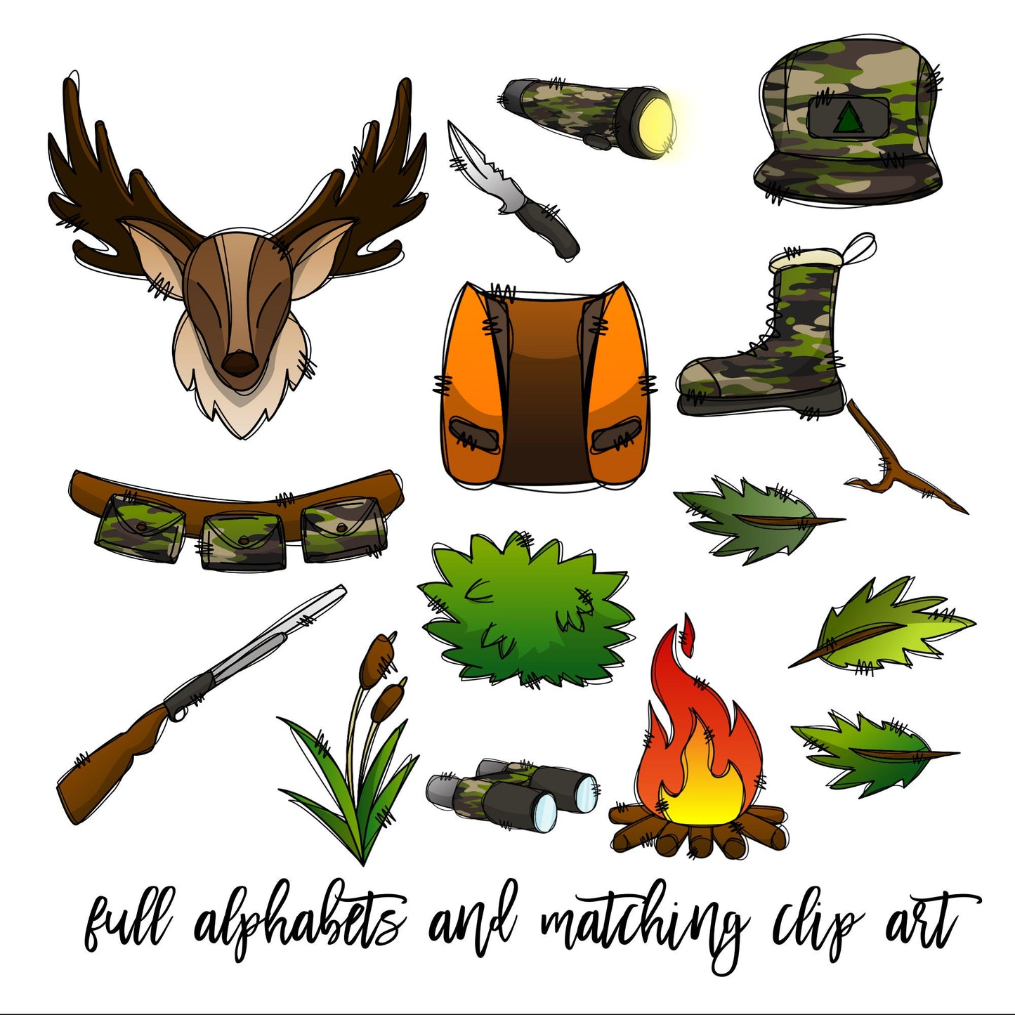 Hunting Doodle Alphabet Letters PNG Bundle, Camo Green Camouflage, Army Letters, Hand Drawn Doodle, Sublimation Alpha Set Designs PNG