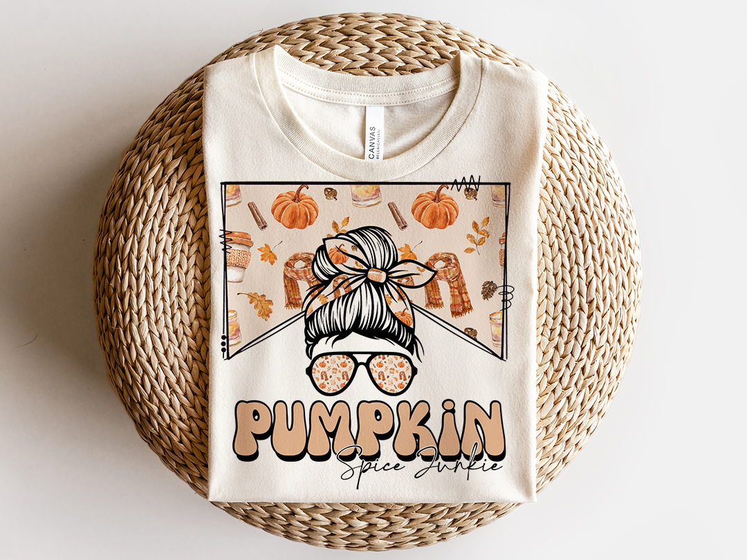 Pumpkin Spice Junkie Sublimation Design, Country Mama, Western Sublimation Designs, Retro Mom, Mom Bun, Messy Bun PNG, MOCKUPS included!