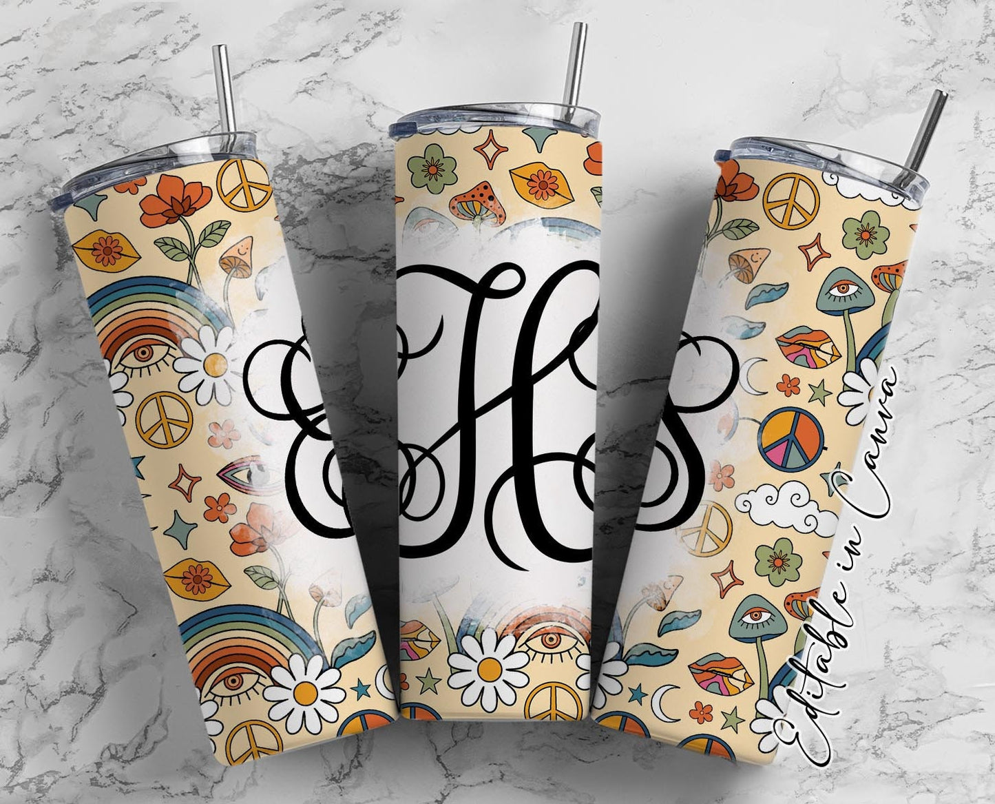 EDITABLE Retro Monogram 20oz Straight Tumbler Wrap Designs, Make Your Own Custom Peronalized Design, Easy Canva Tempalte