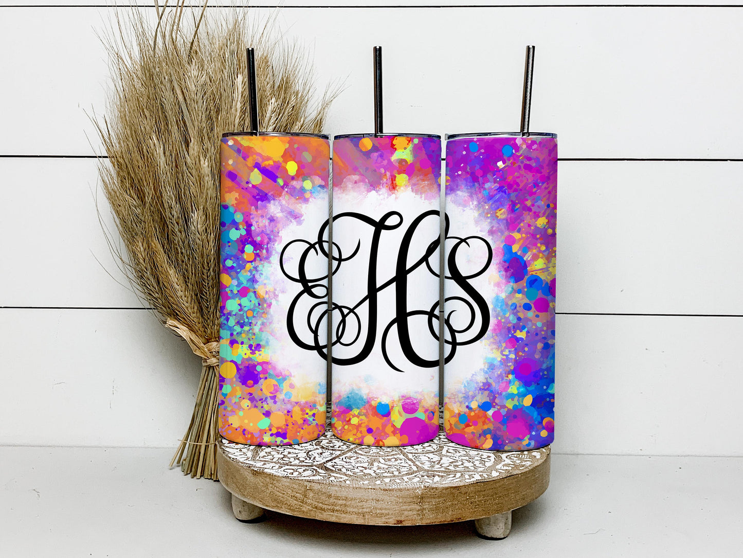 EDITABLE Rainbow Splatter Monogram 20oz Straight Tumbler Wrap Designs, Make Your Own Custom Peronalized Design, Easy Canva Tempalte