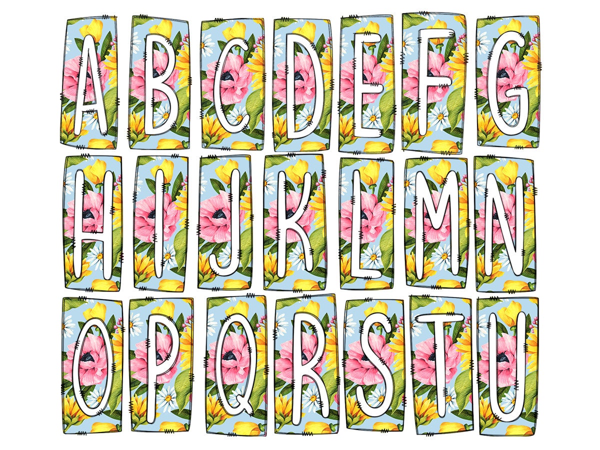 Blue and Pink Sunflower Daisys Box Doodle Letters, Western Hand Drawn Doodle Alphabet Set, Sublimation Designs PNG - 3 PATTERN