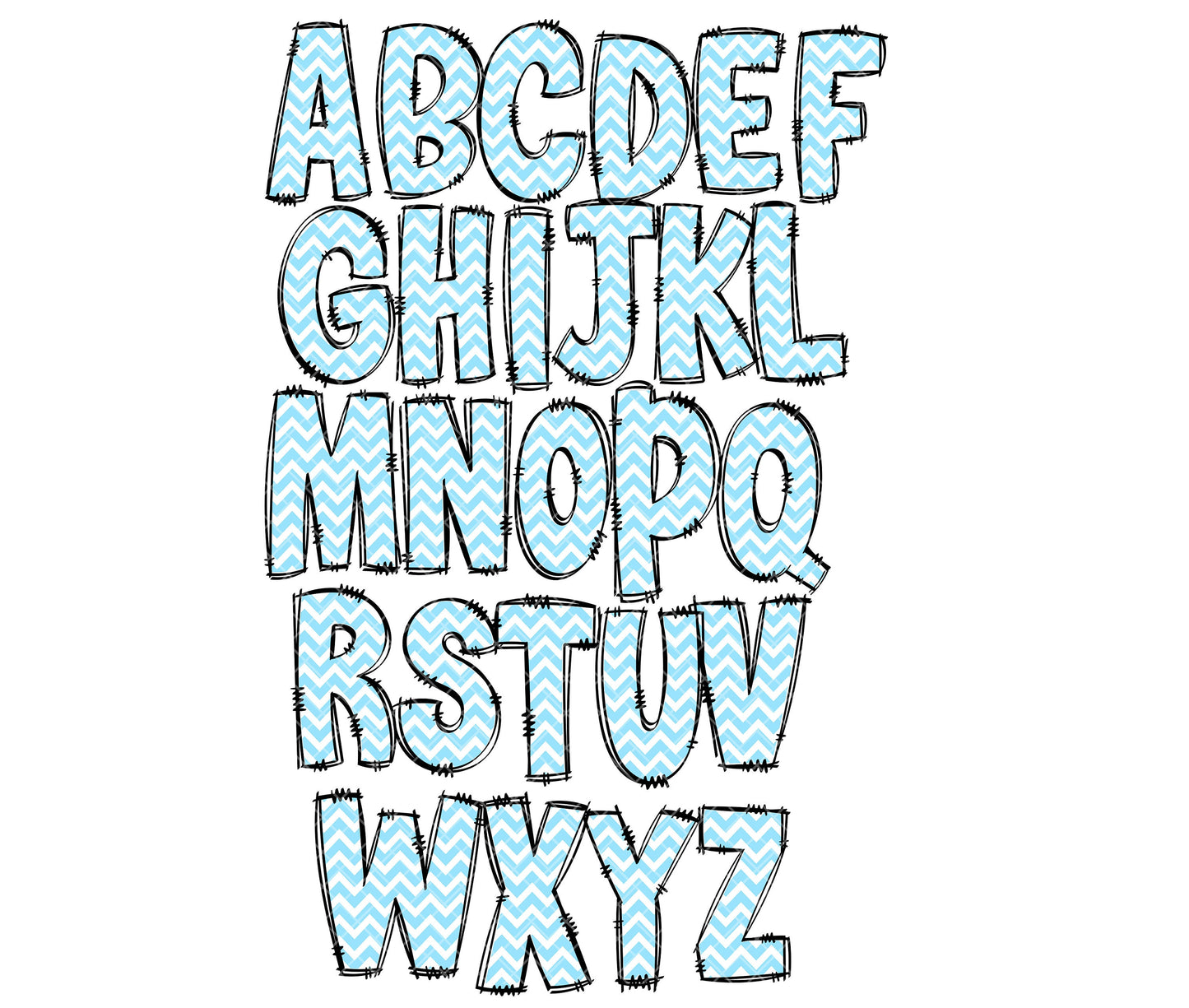 Baby Blue Chevron Doodle letters, Hand Drawn Doodle Alpha Bundle, Sublimation Font PNG, Patterned Numbers & Alphabet,