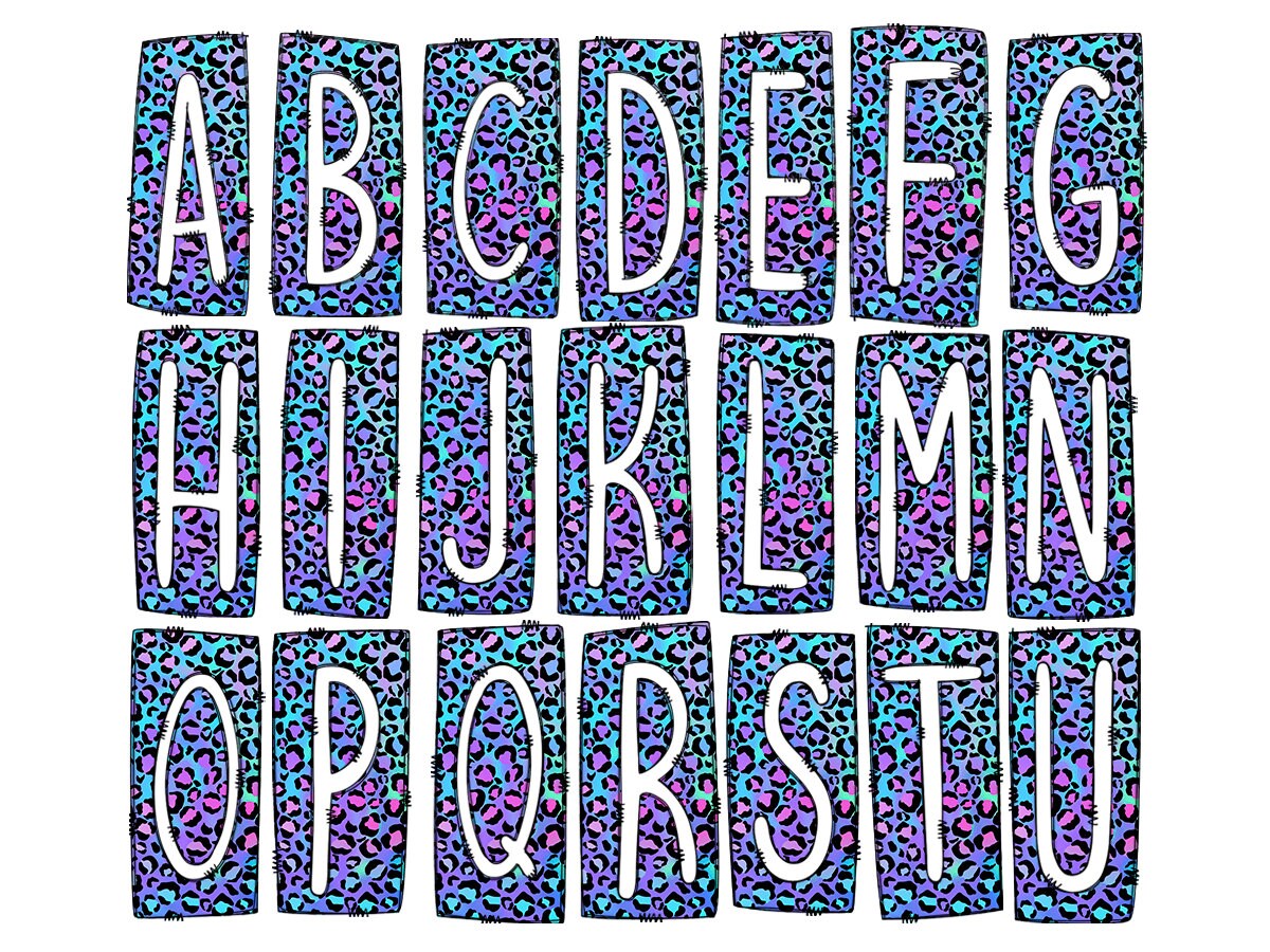 Cheetah Purple Blue Iridescent Box Doodle Letters, Western Hand Drawn Doodle Alphabet Set, Sublimation Designs PNG - 12 PATTERN