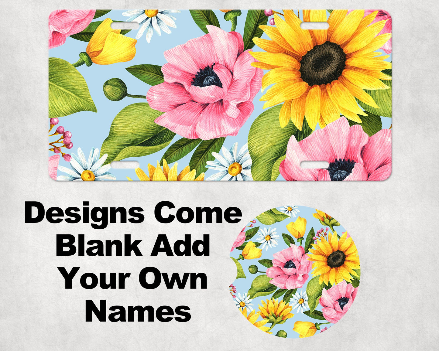 Floral Add Your Name Car Sublimation Designs, Car Coaster Bundle PNG, Licence Plate Holder Frames, Key Fob Wristlet Keychain Sunflower Daisy