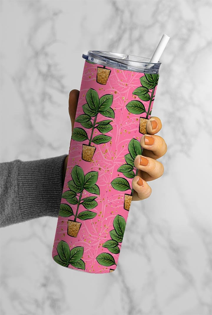 Plants On Pink Background, Plant Lovers Pattern, Plants On Pots 20oz Tumbler Wrap, Seamless Skinny Tumbler, Sublimation Design PNG - 1574