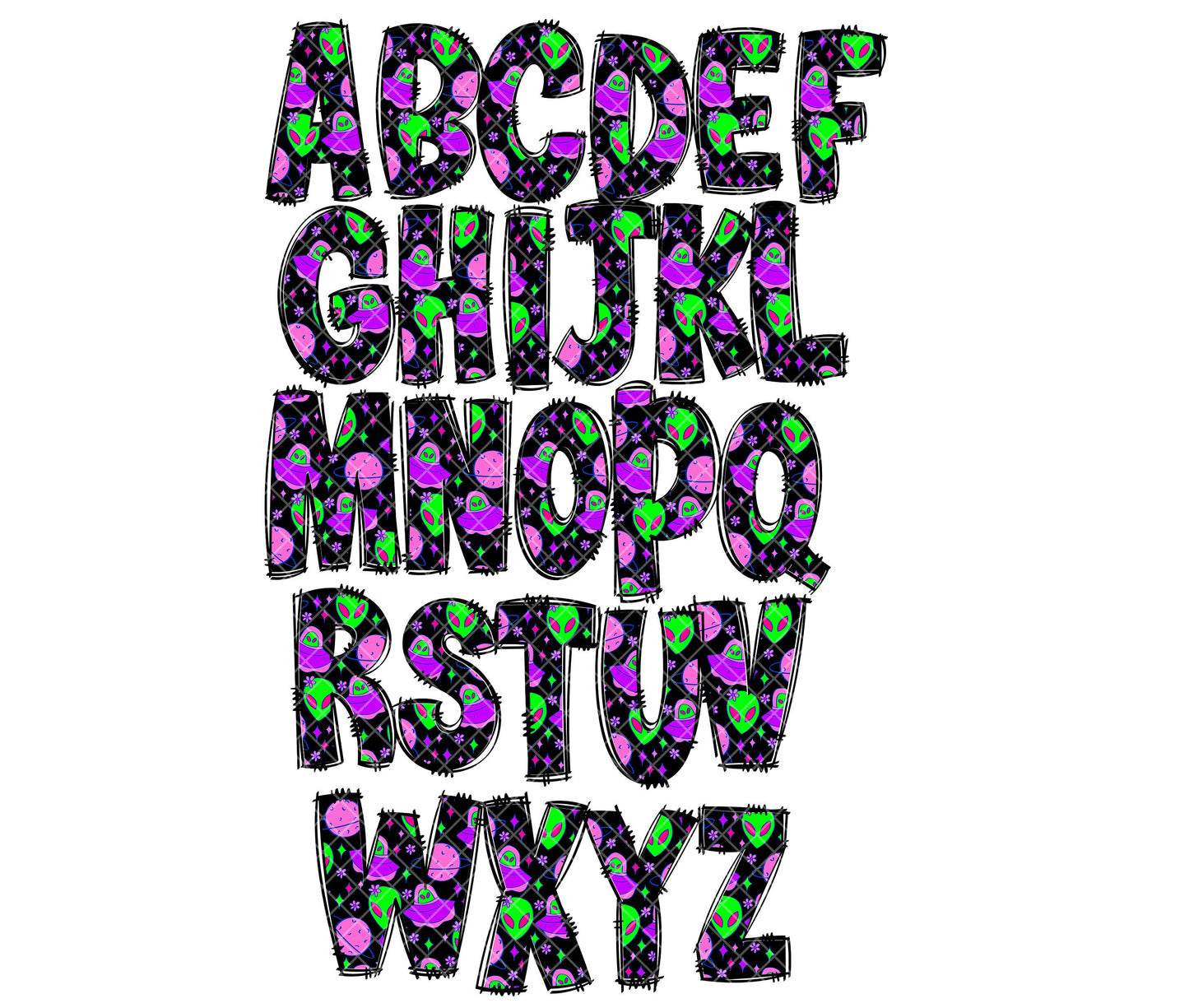 Alien Retro Neon Doodle letters, Hand Drawn Doodle Alpha Bundle, Sublimation Font PNG, Patterned Numbers & Alphabet,