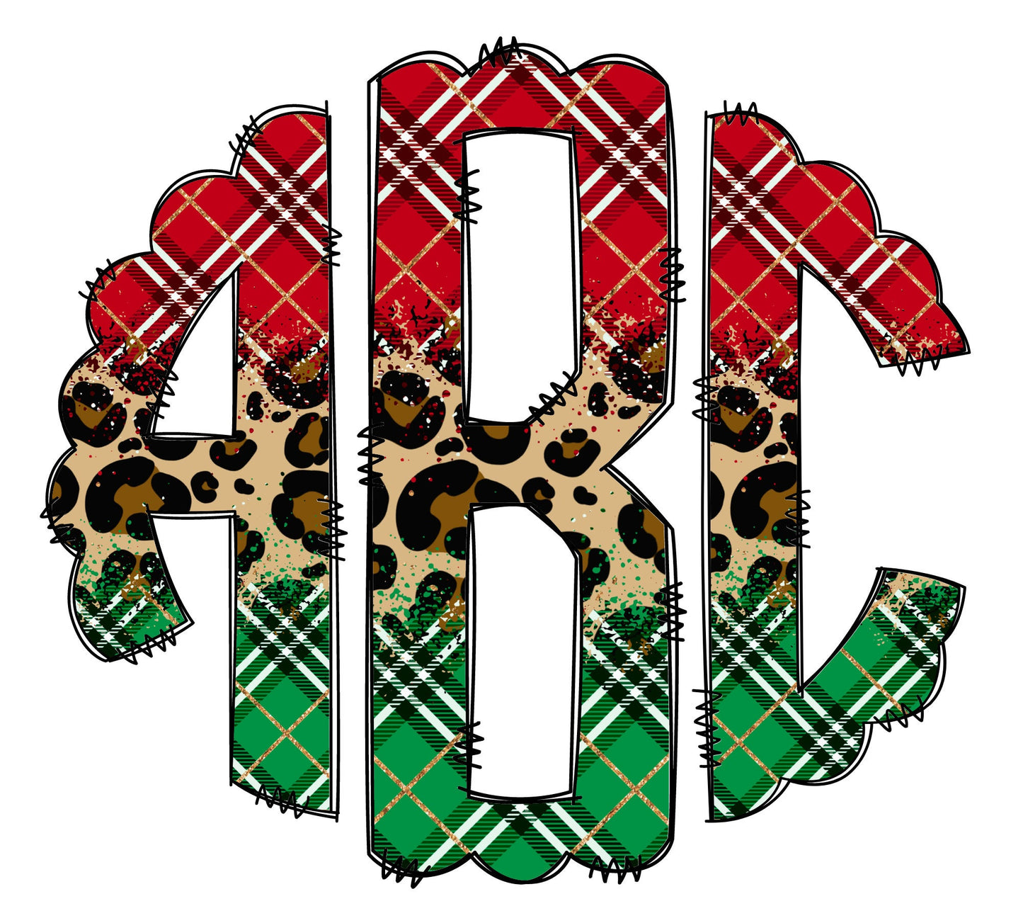 Christmas Plaid Monogram with Matching Tumbler Wrap, Add Your Own Custom Initials Leopard Print Monogram Letters Transparent Background PNG