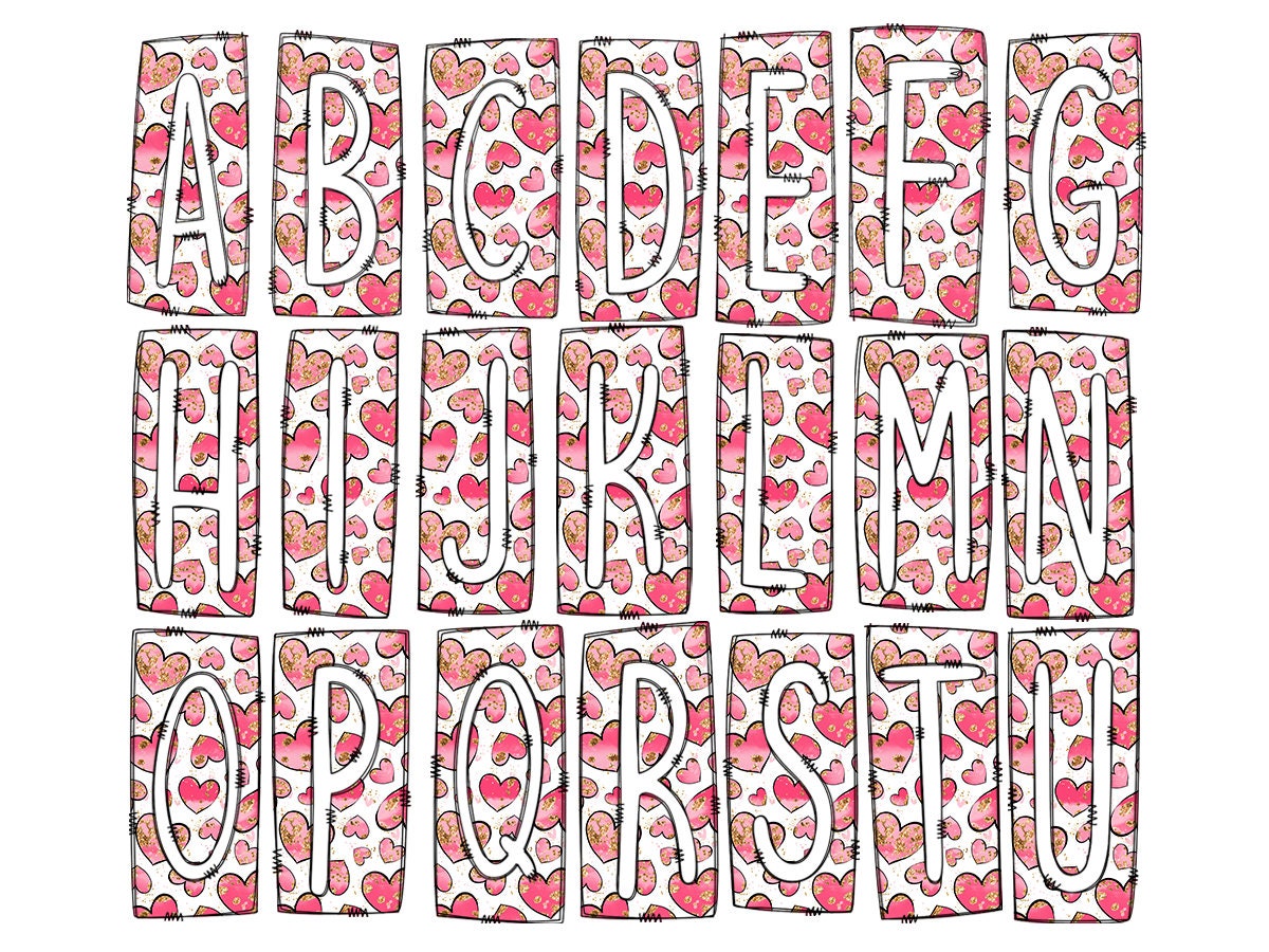 Hearts Valentines Day Box Doodle Letters, Western Hand Drawn Doodle Alphabet Set, Sublimation Designs PNG - 1747