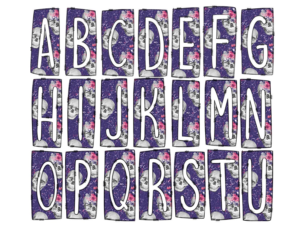 Purple Floral Skull Box Doodle Letters, Western Hand Drawn Doodle Alphabet Set, Sublimation Designs PNG - 1642