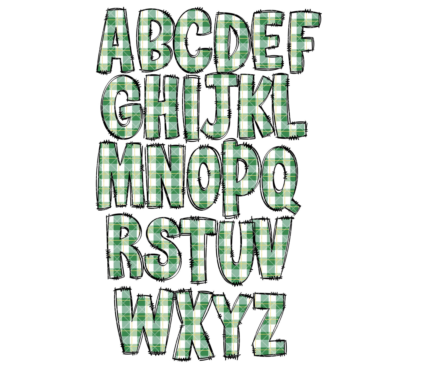 Gingham Green Doodle letters, Plaid Hand Drawn Doodle Alpha Bundle, Sublimation Font PNG, Patterned Numbers & Alphabet,