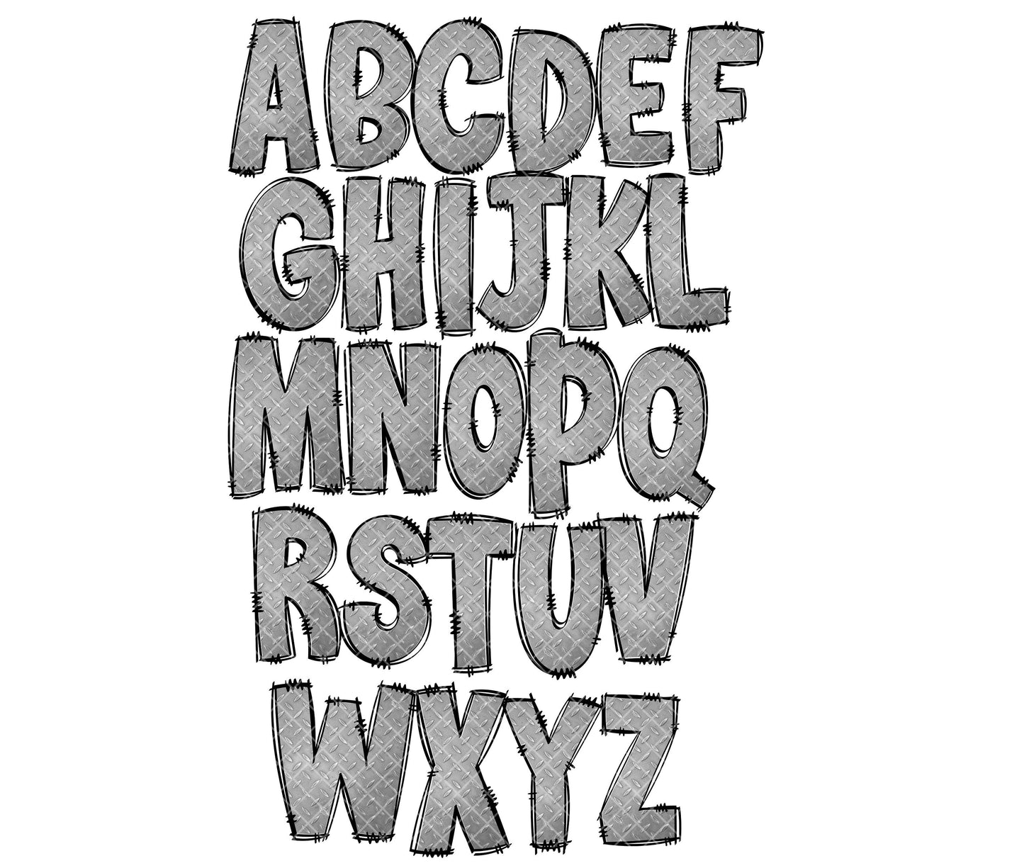 Steel Metal Doodle letters, Hand Drawn Doodle Alpha Bundle Patterned Numbers & Alphabet Doodle Set Sublimation Font PNG