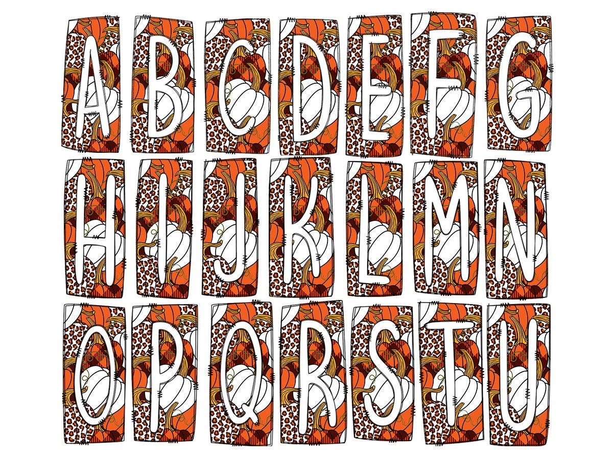 Pumpkins Leopard Fall Box Doodle Letters, Western Hand Drawn Doodle Alphabet Set, Sublimation Designs PNG - 83 PATTERN