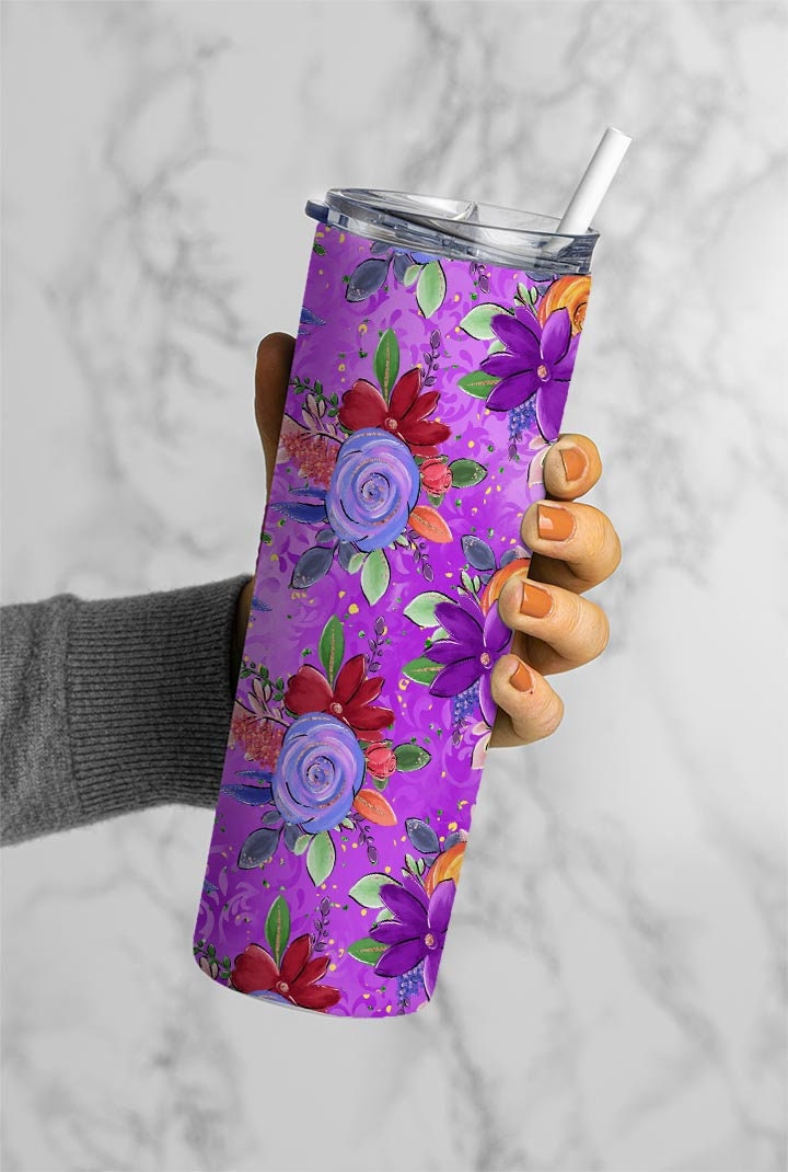 Flowers On Purple Background 20oz Tumbler Wrap, Seamless Skinny Tumbler, Sublimation Design PNG - 1502