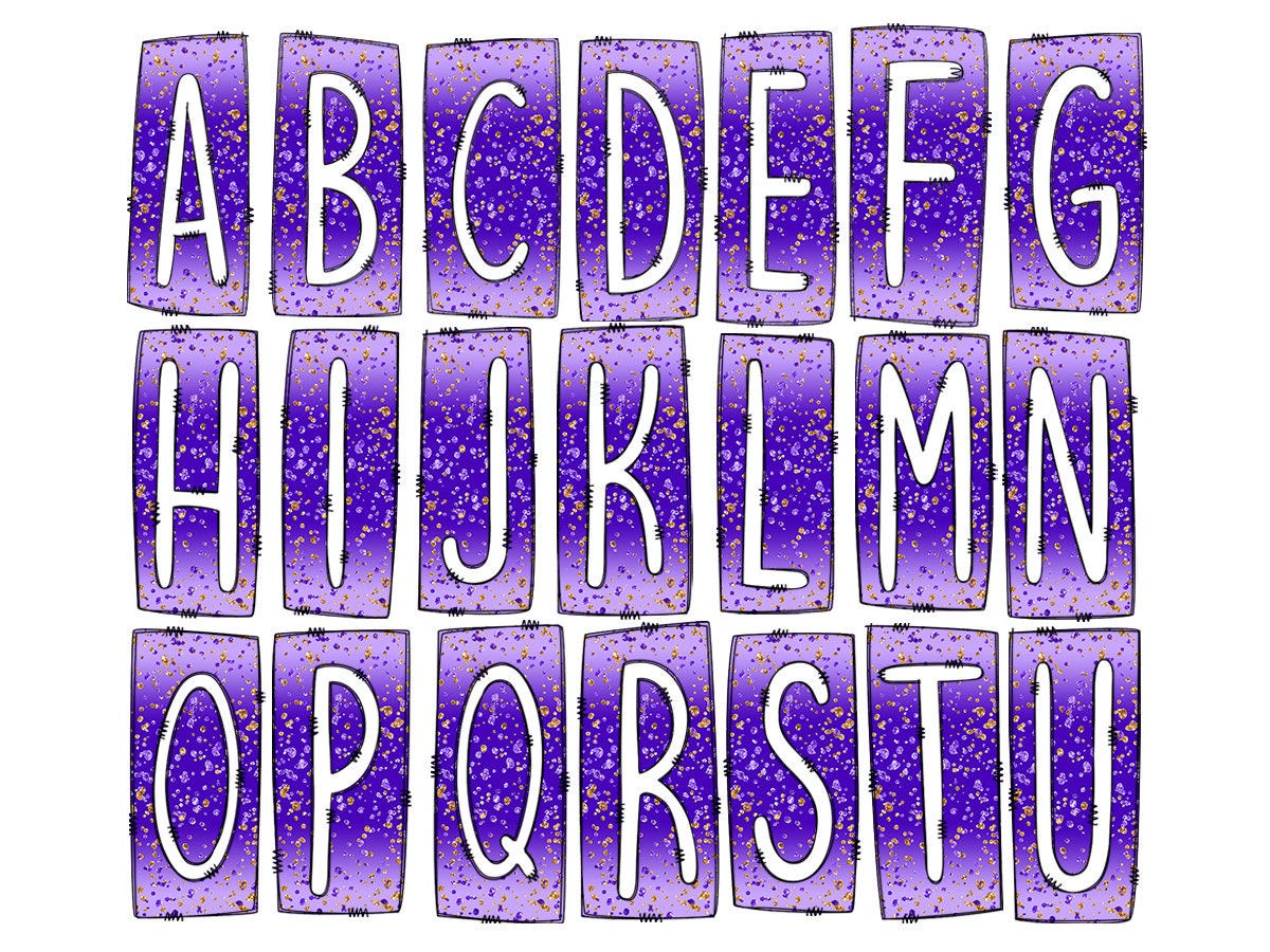 Purple Glitter Ombre Box Doodle Letters, Western Hand Drawn Doodle Alphabet Set, Sublimation Designs PNG - 1825