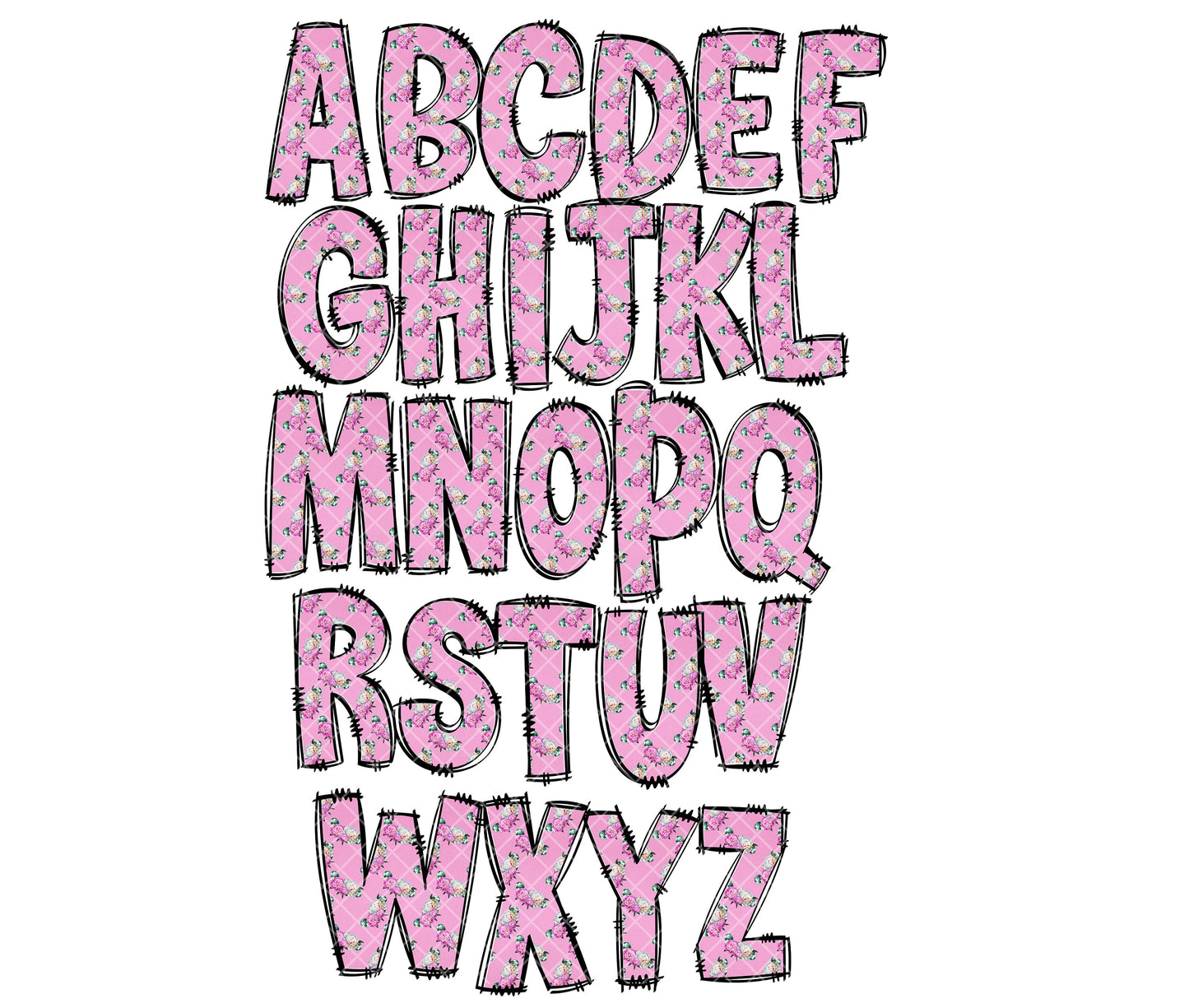 Pink Floral Doodle letters, Hand Drawn Doodle Alpha Bundle Patterned Numbers & Alphabet Doodle Set Sublimation Font PNG