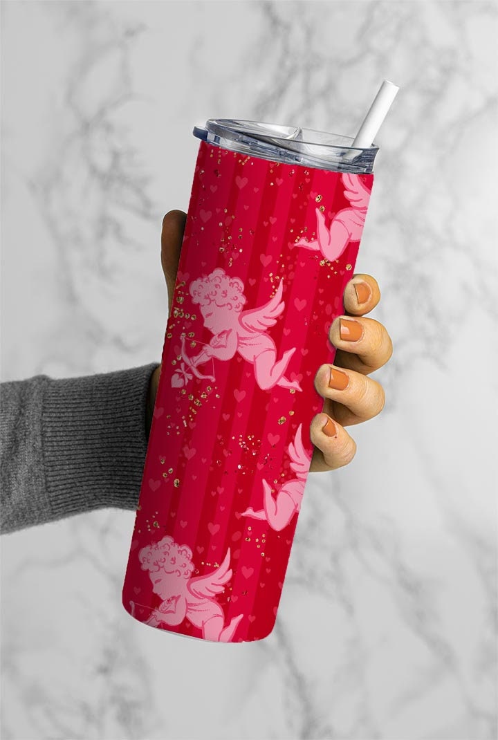 Valentine&#39;s Cupid, Red Background, Valentine&#39;s Day Patter 20oz Tumbler Wrap, Seamless Skinny Tumbler, Sublimation Design PNG - 1748