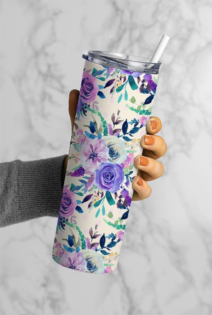 Purple Floral Pattern 20oz Tumbler Wrap, Seamless Skinny Tumbler, Sublimation Design PNG - 2047