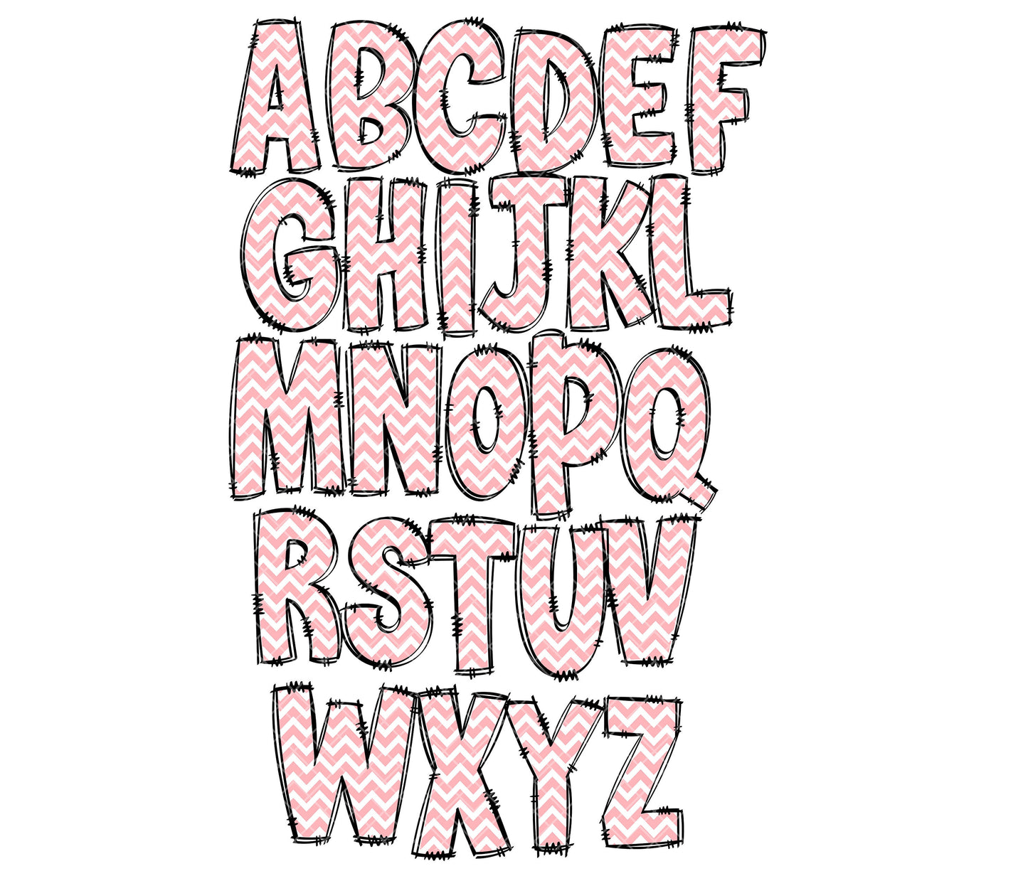 Baby Pink Chevron Doodle letters, Hand Drawn Doodle Alpha Bundle, Sublimation Font PNG, Patterned Numbers & Alphabet,