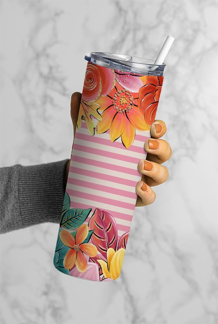 Flowers On Pink Stripes 20oz Tumbler Wrap, Seamless Skinny Tumbler, Sublimation Design PNG - 1374