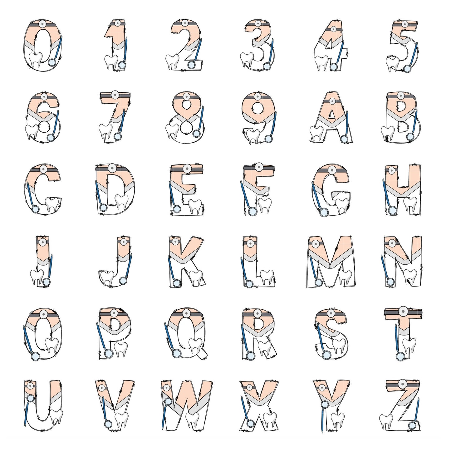 Dentist Doodle Alphabet Letters PNG Bundle, Dental Assistants Hygienist Letters, Hand Drawn Doodle, Sublimation Alpha Set PNG Tooth Doctor