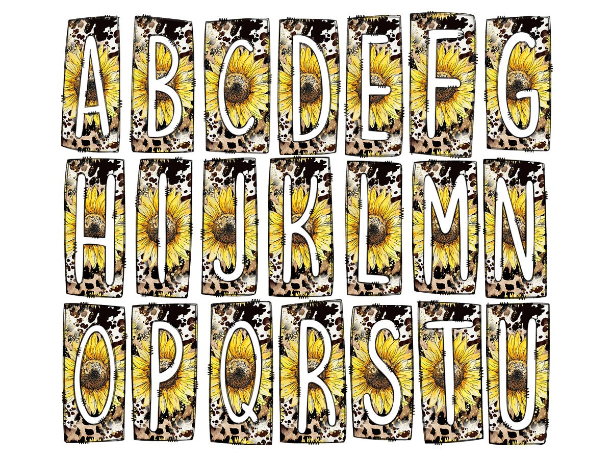 Cowhide Country Sunflower Box Doodle Letters, Western Hand Drawn Doodle Alphabet Set, Sublimation Designs PNG - 81 PATTERN