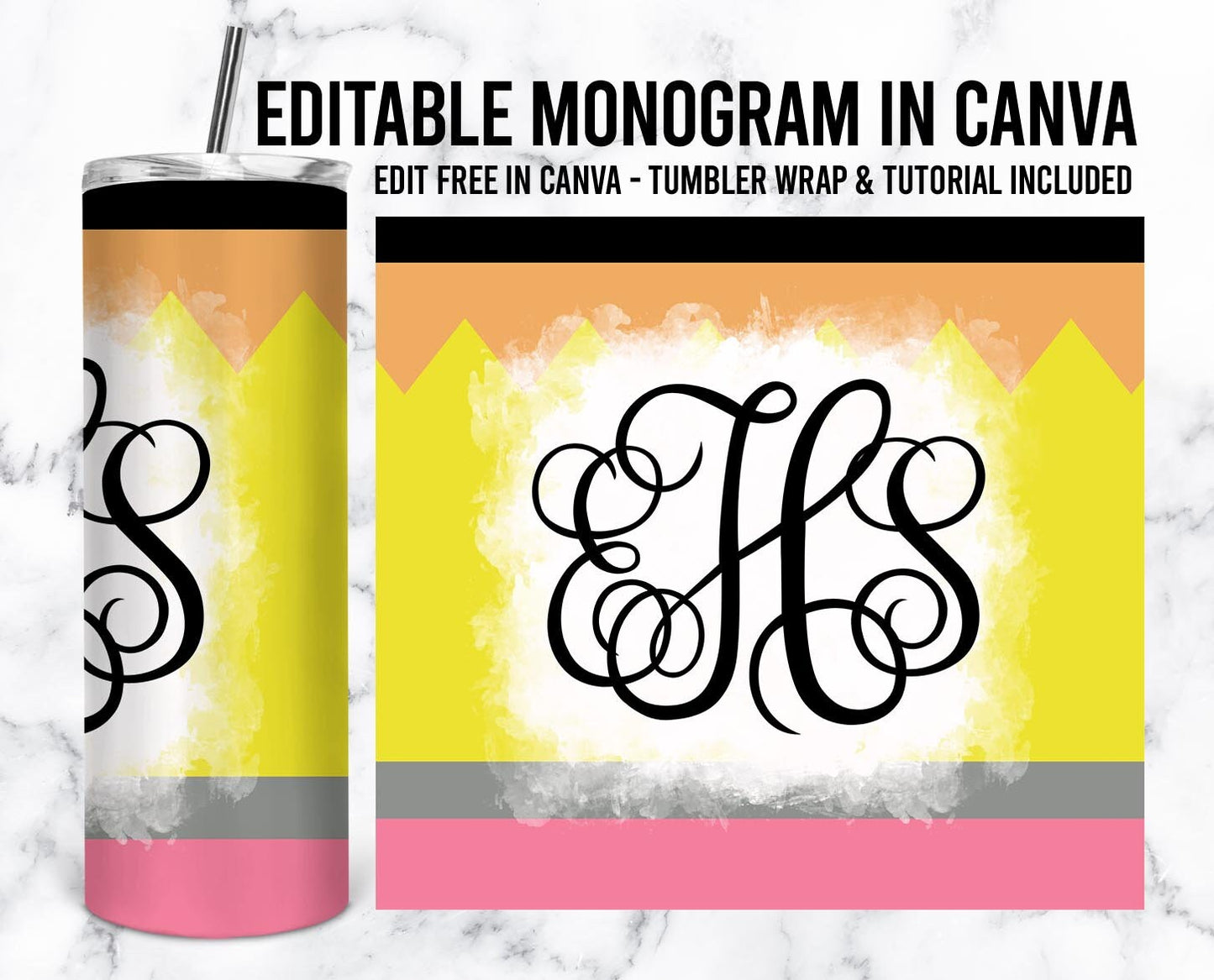 EDITABLE Pencil Monogram 20oz Straight Tumbler Wrap Designs, Make Your Own Custom Peronalized Design, Teacher Easy Canva Tempalte