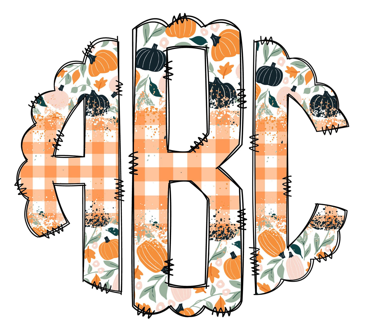 Boho Fall Pumpkins Monogram with Matching Tumbler Wrap, Add Your Own Custom Initials Gingham Monogram Letters Transparent Background PNG